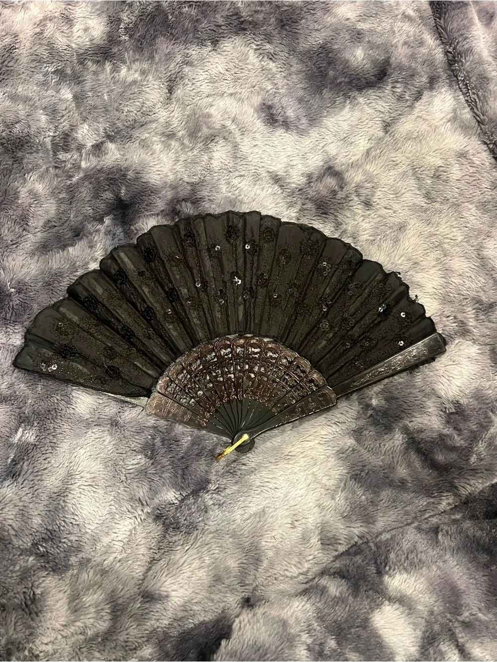 Black Lace Folding Hand Fan with Decorative Accents